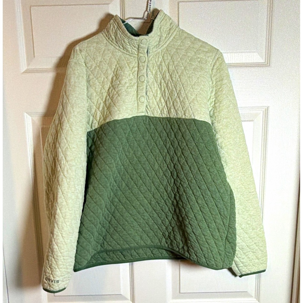 Orvis Women's XL Quilted Snap Pullover Jacket Stand-Up Collar Embroidered Green